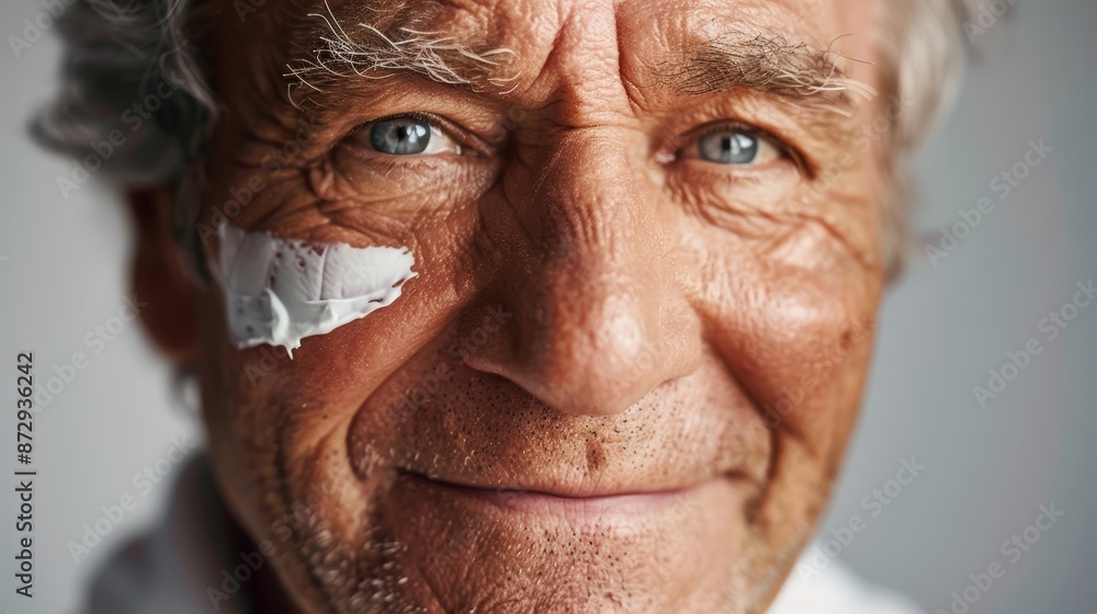 Old man, cream, grin, skincare, beauty, cleanliness, grooming on studio background. Anti-aging cosmetics, lotion, moisturizer, dermatologist, and senior male closeup and portrait Old man, cream, grin, skincare, beauty, cleanliness, grooming on studio background. Anti-aging cosmetics, lotion, moisturizer, dermatologist, and senior male closeup and portrait