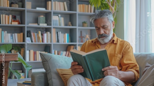 In a living area, retirees can read and relax. Pensioner, serene, and relaxed in a lounge, reading on a sofa, pastime, or novel. photo