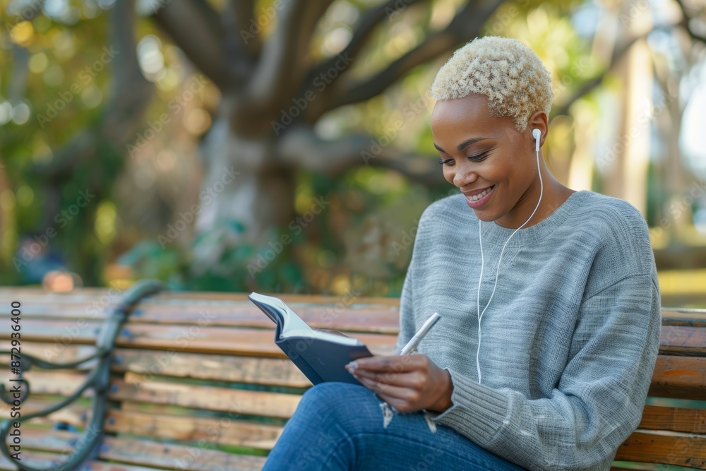 Fototapeta premium Black woman and writer relaxes in the sun and takes notes for school. Young lady student with notebook excitedly writing diary and journal outside in summer.