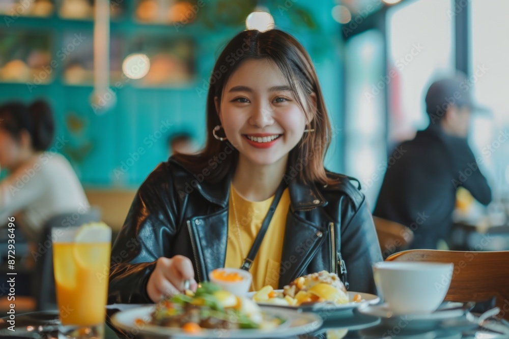 Happy woman enjoying a meal in a cozy cafe. Casual and inviting atmosphere with contemporary decor. Perfect for food blogs or restaurant promotions. Generative AI Happy woman enjoying a meal in a cozy cafe. Casual and inviting atmosphere with contemporary decor. Perfect for food blogs or restaurant promotions. Generative AI