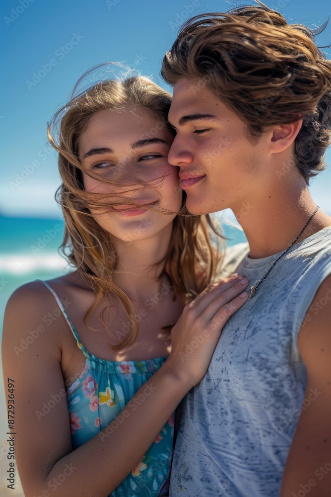 Love, couple close and hug on beach with grin, romantic, loving, on vacation. A romantic couple celebrates their relationship, getaway, and beach holiday. Love, couple close and hug on beach with grin, romantic, loving, on vacation. A romantic couple celebrates their relationship, getaway, and beach holiday.
