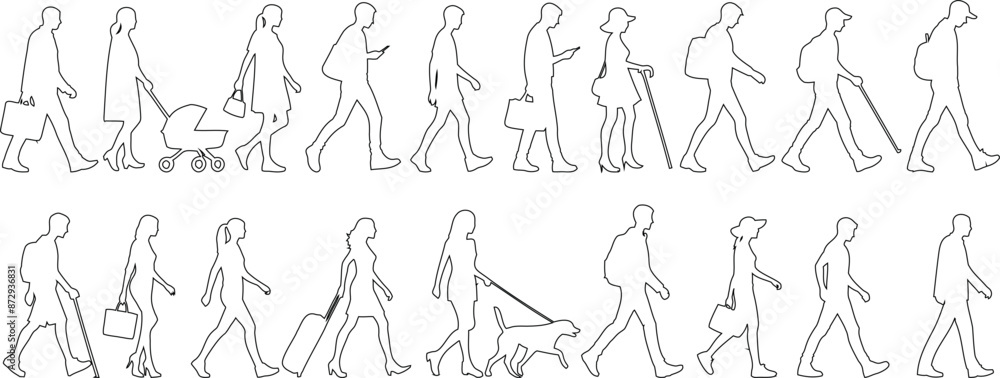 People walking line illustration, diverse individuals with stroller, cane, dog. Perfect for urban life concepts, mobility, inclusivity, and modern society People walking line illustration, diverse individuals with stroller, cane, dog. Perfect for urban life concepts, mobility, inclusivity, and modern society