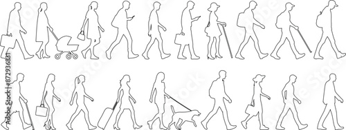 People walking line illustration, diverse individuals with stroller, cane, dog. Perfect for urban life concepts, mobility, inclusivity, and modern society
