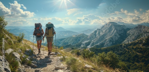 Two Hikers Pause To Admire Mountain Lake View In Summer
