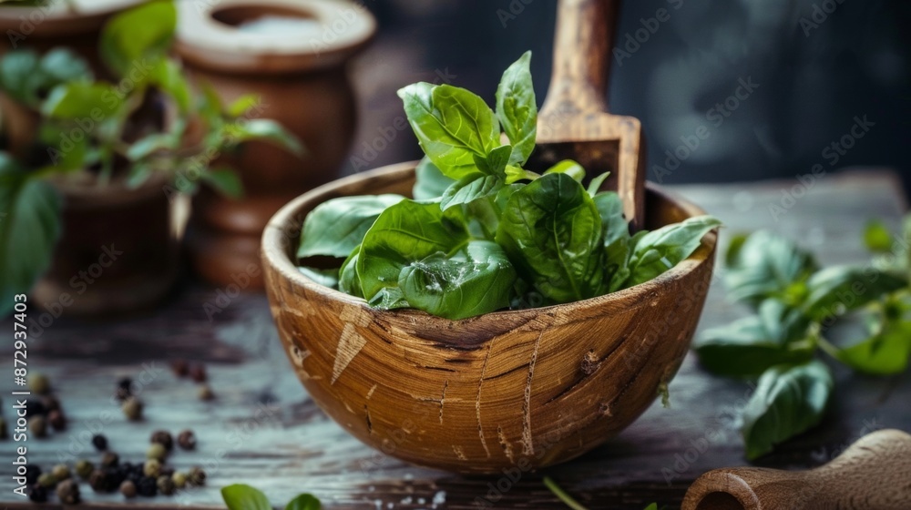 Fresh Basil Leaves in Wooden Bowl Fresh Basil Leaves in Wooden Bowl