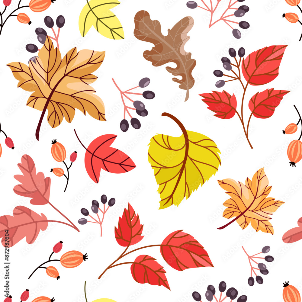 Obraz premium Falling leaves autumn seamless pattern.Autumn seamless background with different leaves and plants of seasonal colors.Design for print, paper, wallpaper, textiles, packaging.Vector illustration