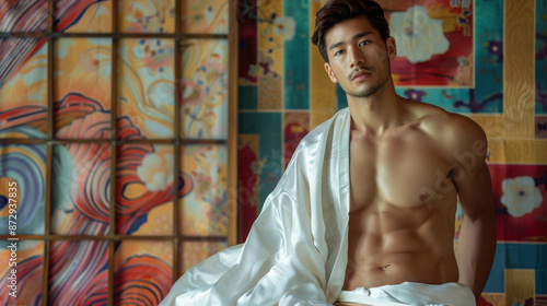 Handsome man in white robe with colorful background