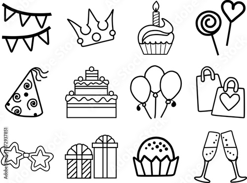 Vector set party line icons. Contains icons of party, gift, cake, decoration and more
