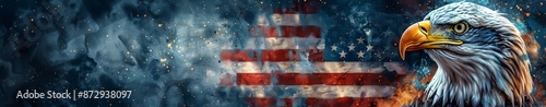 Bald Eagle Portrait Against Blurred American Flag Background