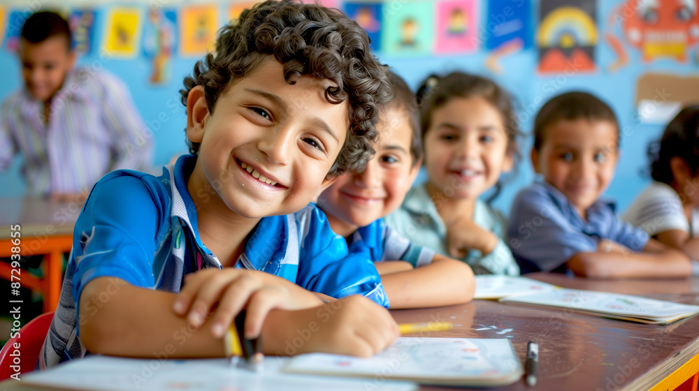Smiling kids multiple races and nations in the class at school time happy to learn something new. Back to school concept. Smiling kids multiple races and nations in the class at school time happy to learn something new. Back to school concept.