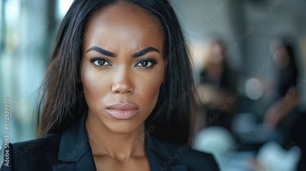 Obraz premium Black businesswoman angry expression, people blurred in background