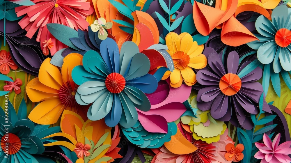 Colorful paper flowers on a vibrant background, creating a cheerful and artistic display of blooms and foliage in various shapes. Colorful paper flowers on a vibrant background, creating a cheerful and artistic display of blooms and foliage in various shapes.