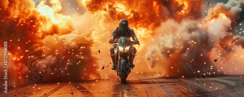 Motorcyclist escaping through massive explosions in a high-speed chase.