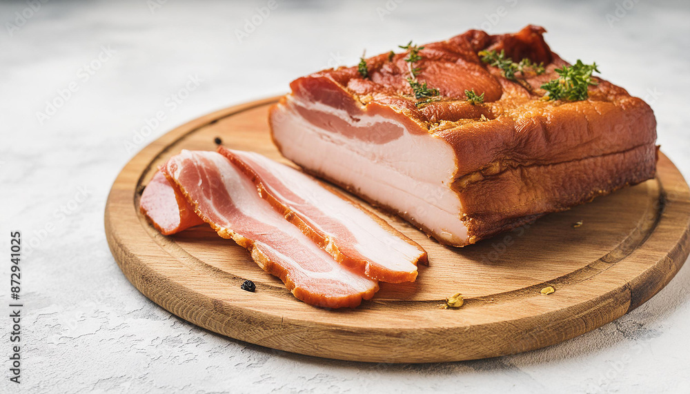 Whole smoked bacon on wooden cutting board with slices, green rosemary and salt. Tasty meat. Whole smoked bacon on wooden cutting board with slices, green rosemary and salt. Tasty meat.