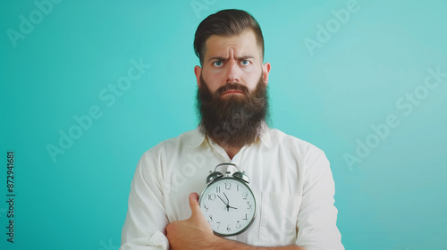 Countdown to Deadline, Stressed Bearded Businessman Holding Clock, Time to Work, Hipster Businessman Stressed with Working Schedule, Time Management Stress Concept, Businessman with Lack of Time photo