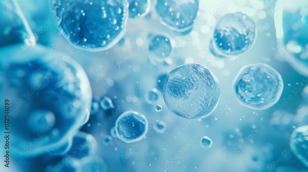 Close-up of water bubbles floating in a vibrant blue background symbolizing freshness and hydration. Close-up of water bubbles floating in a vibrant blue background symbolizing freshness and hydration.