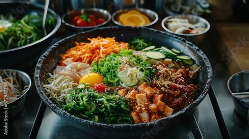 A delicious and healthy Korean dish called Bibimbap. It is made with rice, vegetables, and meat. The dish is served in a hot stone bowl and is topped with a raw egg -Korean