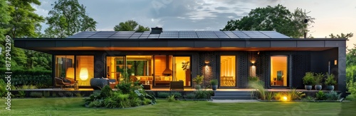 Modern Black House With Large Windows at Dusk