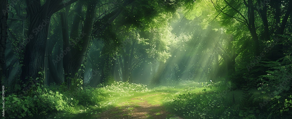 Enchanting Path in a Lush Green Forest with Tall Trees and Sunlight Filtering Through the Leaves, Leading into Darkness, Capturing the Beauty and Mystery of Nature Enchanting Path in a Lush Green Forest with Tall Trees and Sunlight Filtering Through the Leaves, Leading into Darkness, Capturing the Beauty and Mystery of Nature