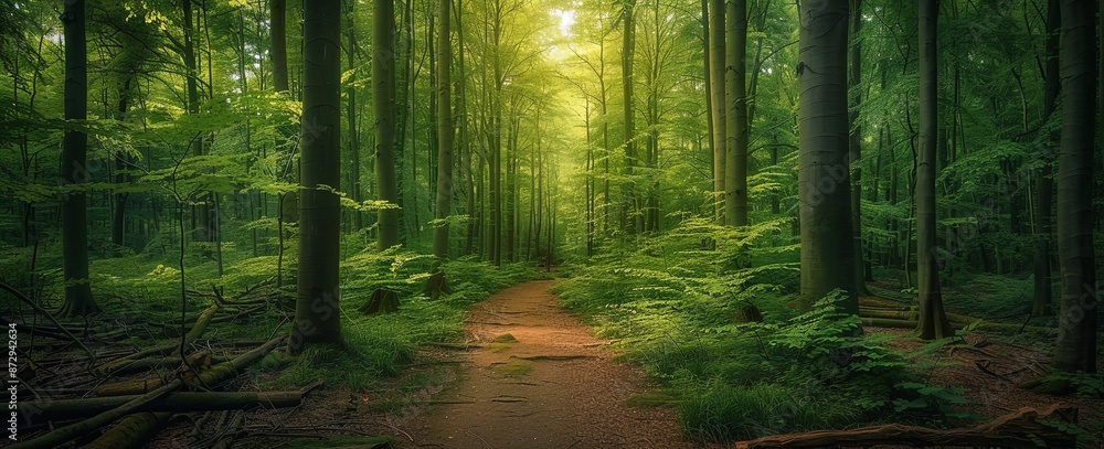 Fototapeta premium Enchanting Path in a Lush Green Forest with Tall Trees and Sunlight Filtering Through the Leaves, Leading into Darkness, Capturing the Beauty and Mystery of Nature