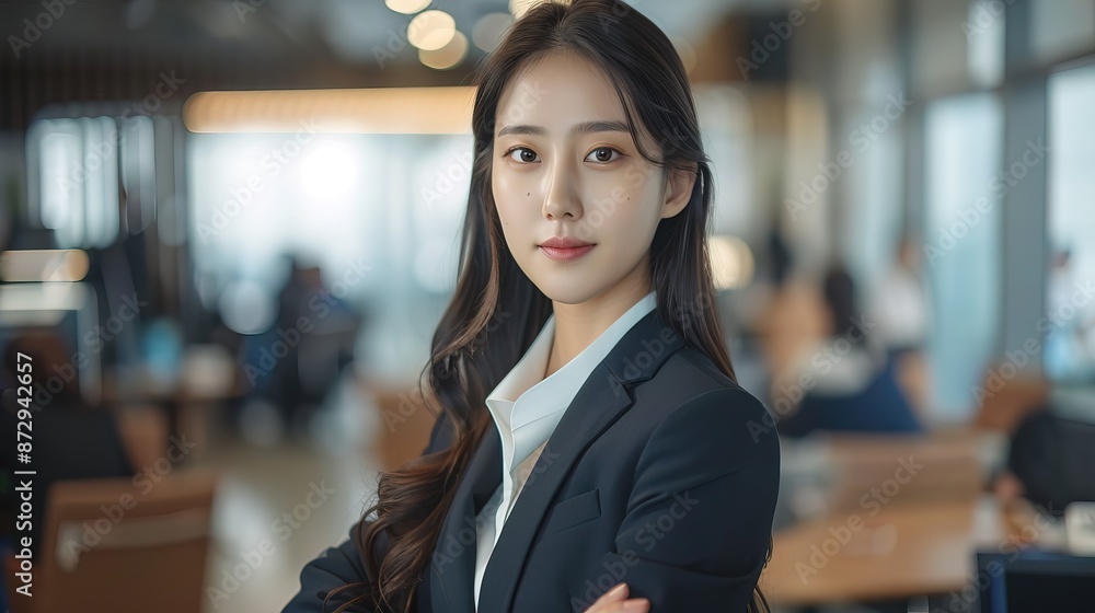 Korean beautiful businesswoman stahding crossed hand looking at camera, blurred people on the room Korean beautiful businesswoman stahding crossed hand looking at camera, blurred people on the room