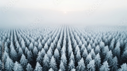 Aerial view of a snow-covered pine forest under a misty sky, creating a serene and symmetrical winter landscape.