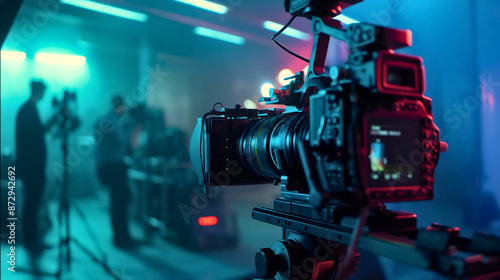 Closeup of professional camera recording or shooting movie film production set in studio. Television crew backstage behind the scenes teamwork, making media, cinematography stage, copy space