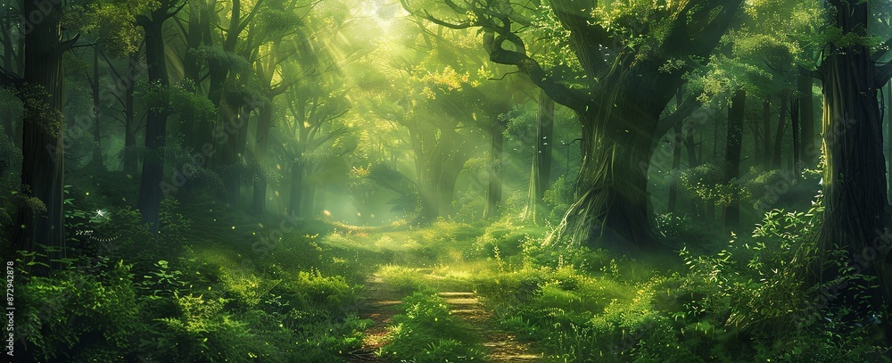 Enchanting Path in a Lush Green Forest with Tall Trees and Sunlight Filtering Through the Leaves, Leading into Darkness, Capturing the Beauty and Mystery of Nature