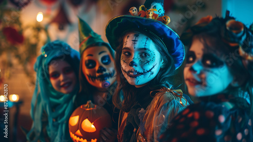 A group of children dressed in Halloween costumes are posing for a picture. Scene is festive and playful, as the children are wearing costumes and holding pumpkins © jiraphat