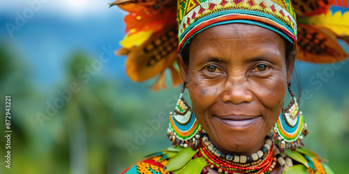 Portrait of smiling Dani woman in traditional clothing and headdress photo