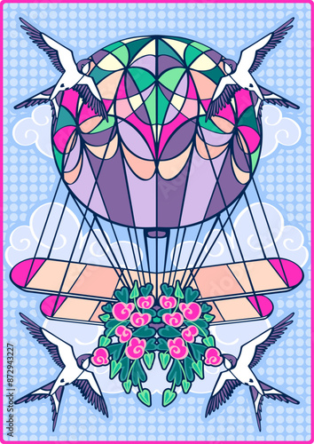 A fortune telling card with a hot air balloon, swallows and roses flying. Mysticism and magic concept. A hand-drawn illustration, not an AI