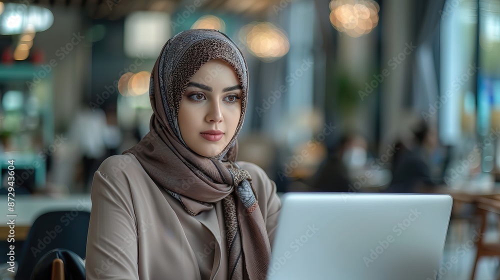Professional hijab businesswoman using a laptop in a modern office. Copy space Professional hijab businesswoman using a laptop in a modern office. Copy space