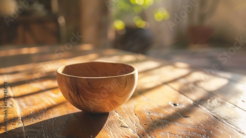 Empty Wooden Bowl on Sunlit Table photo