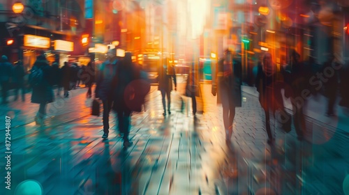 Business people crowd walking and commuting in the city with motion blur and lights, abstract urban scene depicting the hustle and bustle of corporate life, ideal for illustrating modern business dyna