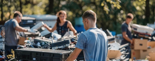 People disposing of electronics at a recycling center.