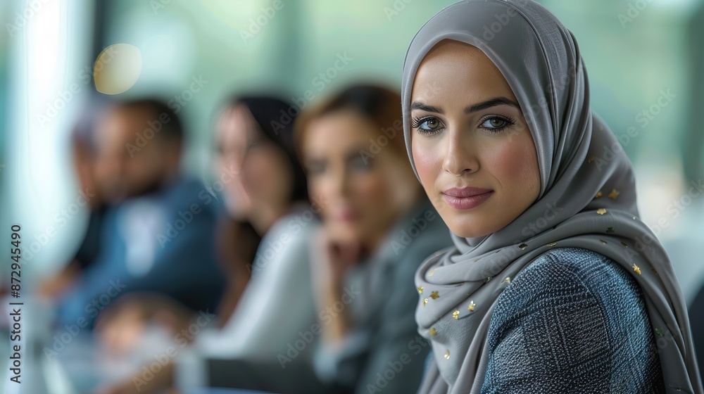 A hijab businesswoman engaged in conversation with colleagues while seated at the conference table, blurred people A hijab businesswoman engaged in conversation with colleagues while seated at the conference table, blurred people