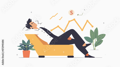 Passive income and market investing flat vector illustration. Investor man relax in chair and get money profits