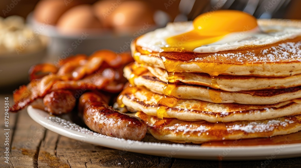 Fast food breakfast platter pancakes, eggs, sausage and hash browns Fast food breakfast platter pancakes, eggs, sausage and hash browns