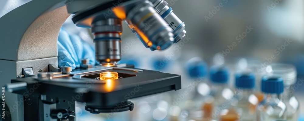 Close-up of a microscope with laboratory equipment in the background, emphasizing scientific research and technology. Close-up of a microscope with laboratory equipment in the background, emphasizing scientific research and technology.