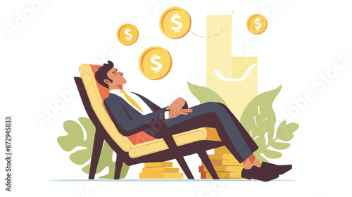 Passive income and market investing flat vector illustration. Investor man relax in chair and get money profits