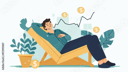 Passive income and market investing flat vector illustration. Investor man relax in chair and get money profits