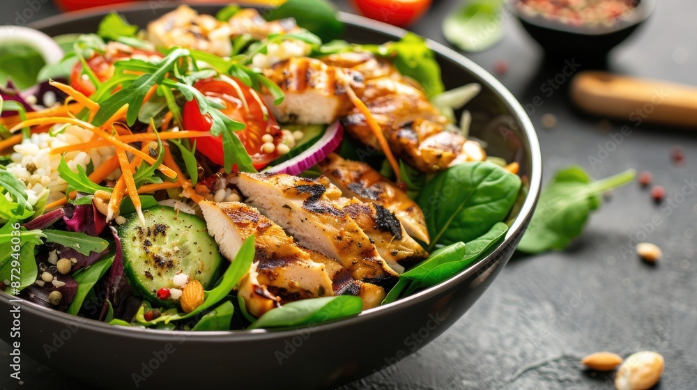 Fast food salad with fresh greens, grilled chicken, and a variety of toppings Fast food salad with fresh greens, grilled chicken, and a variety of toppings