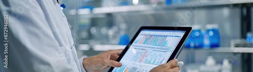 Doctor using a tablet for medical data analysis in a modern laboratory setting, showcasing advanced healthcare technology applications.
