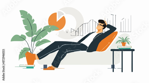 Passive income and market investing flat vector illustration. Investor man relax in chair and get money profits