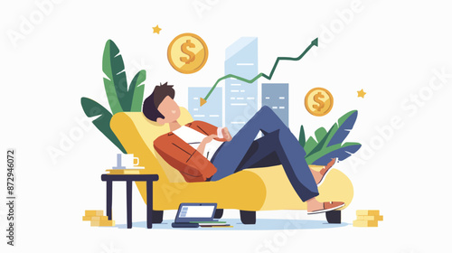Passive income and market investing flat vector illustration. Investor man relax in chair and get money profits