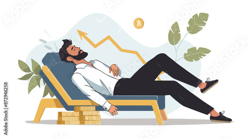Passive income and market investing flat vector illustration. Investor man relax in chair and get money profits