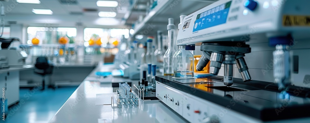 Modern scientific laboratory with equipment and glassware, showcasing a clean and organized workspace for research and development. Modern scientific laboratory with equipment and glassware, showcasing a clean and organized workspace for research and development.