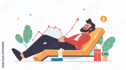 Passive income and market investing flat vector illustration. Investor man relax in chair and get money profits