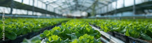 Rows of vibrant green lettuce growing in a modern greenhouse under optimal conditions, demonstrating efficient indoor farming techniques.