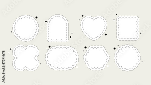 Abstract geometric scallop edge stickers in trendy futuristic style with stars. Brutal forms circle, oval, square, arch, heart. Vector illustration. Bauhaus memphis.